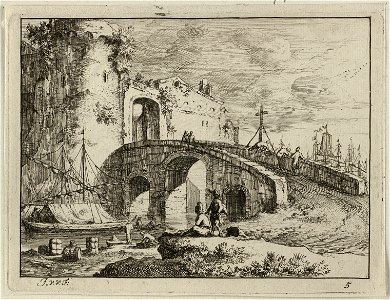 Gezicht op een havenplaats met een brug naar een stadspoort. NL-HLMNHA 1477 53012656