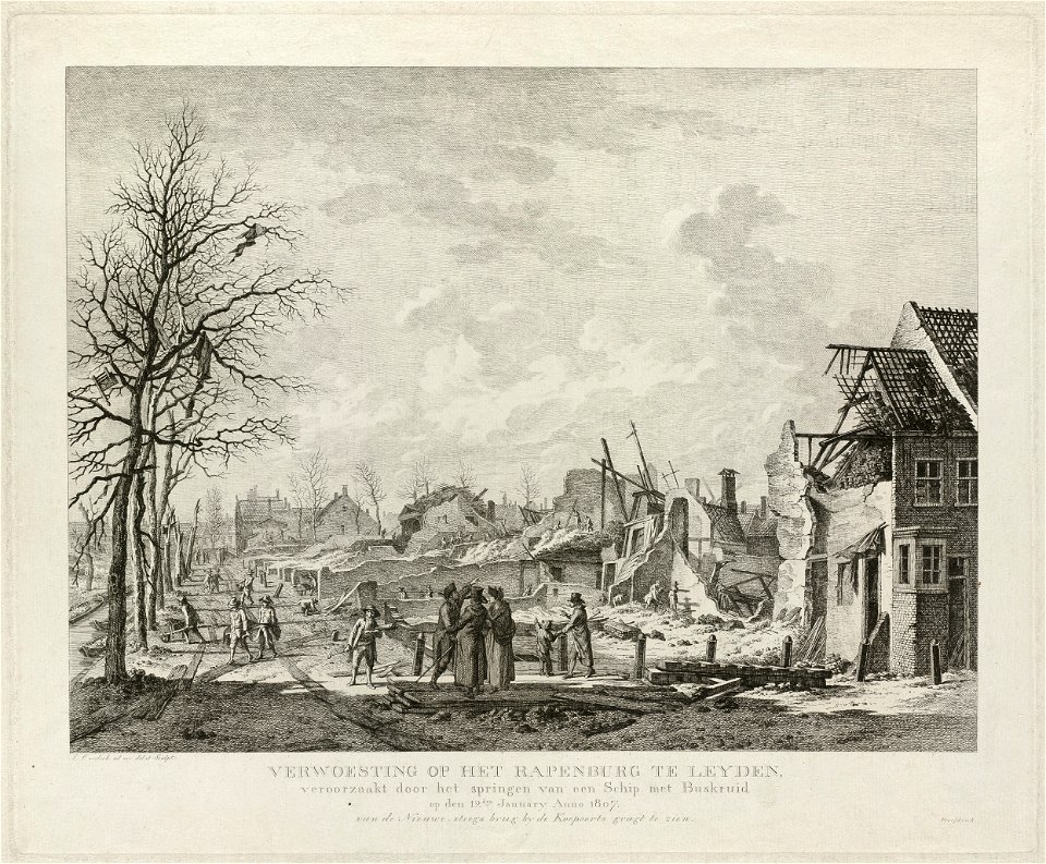 Gezicht op het Rapenburg te Leiden na de fatale buskruitramp van 12 januari 1807. NL-HlmNHA 1477 53011083