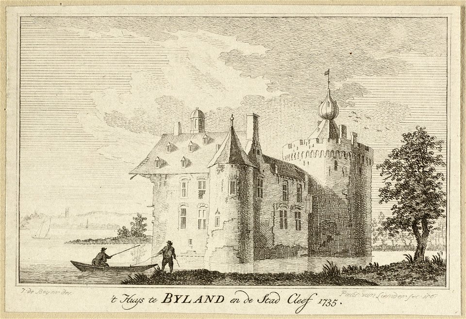 Gezicht op het Kasteel Bylandt en in de verte de stad Kleef 't Huys te Byland en de stad Cleef, 1735. NL-HlmNHA 1477 53009665