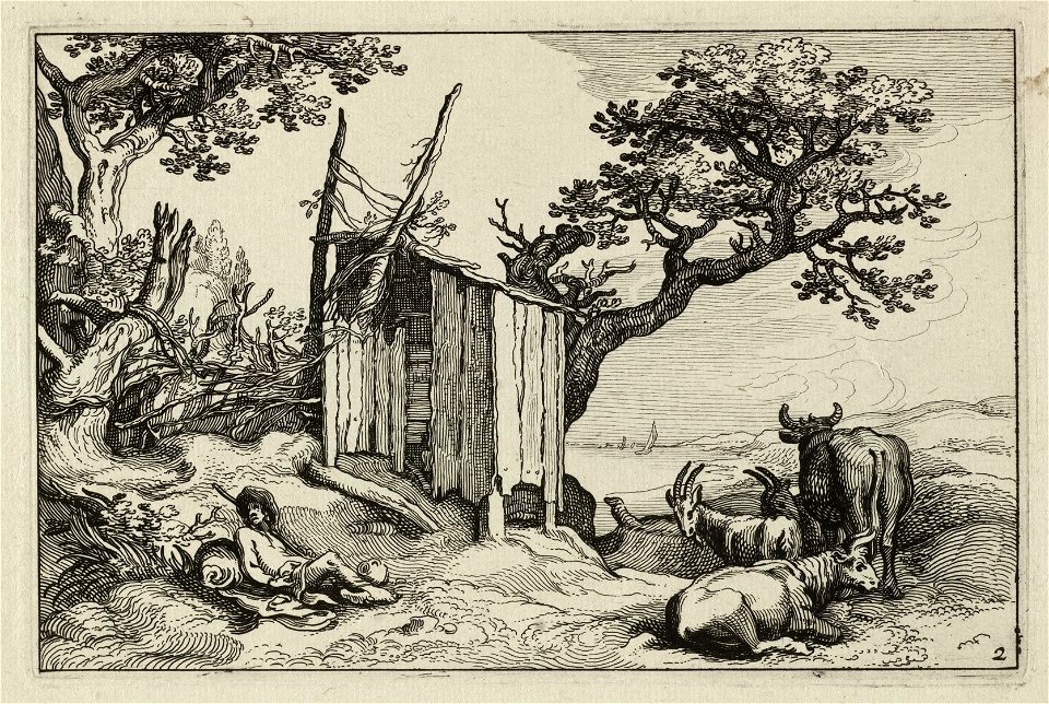 Gezicht op een duinlandschap met een houten schuur. Voor de schuur ligt een herder te rusten, zijn vee staat voor hem. Op de achtergrond enkele zeilschepen. NL-HlmNHA 1477 53013232