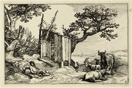 Gezicht op een duinlandschap met een houten schuur. Voor de schuur ligt een herder te rusten, zijn vee staat voor hem. Op de achtergrond enkele zeilschepen. NL-HlmNHA 1477 53013232