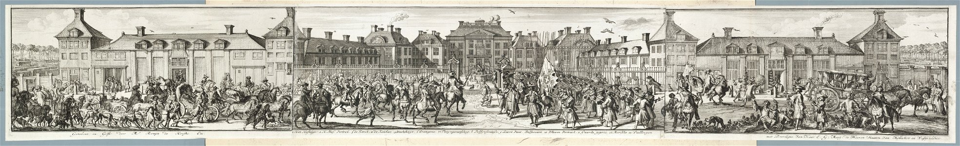 Gezicht op Paleis Het Loo (profiel over 3 bladen), met valkeniers, ruiters, koetsen en voornaam en elegant geklede mannen en vrouwen ervoor. In de marge onder de voorstelling een legenda in , NL-HlmNHA 53009107