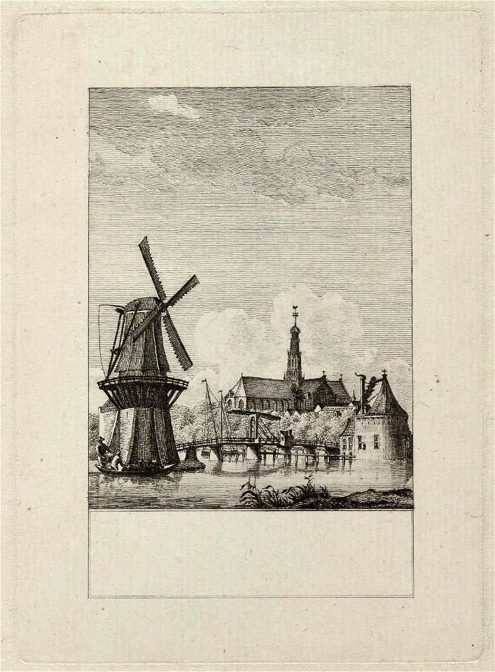 Gezicht op het Spaarne te Haarlem, met links figuren met tonnen in een sloep bij molen De Adriaan en op de achtergrond de Sint-Bavokerk. NL-HlmNHA 1477 53012146