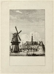 Gezicht op het Spaarne te Haarlem, met links figuren met tonnen in een sloep bij molen De Adriaan en op de achtergrond de Sint-Bavokerk. NL-HlmNHA 1477 53012146