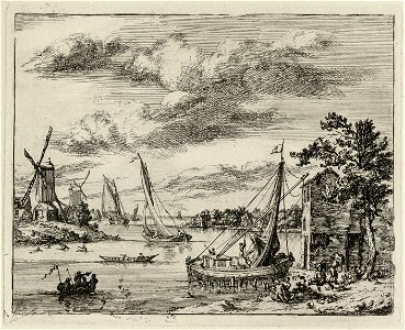 Gezicht over de rivier het Spaarne, Haarlem, richting Spaarndam. Molens op de linkeroever en zeilschepen en sloepen op het water. Op de voorgrond wordt een schip opgetuigd. NL-HlmNHA 1477 53012675