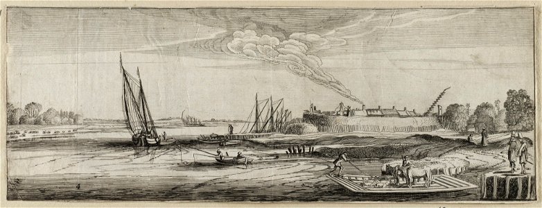Figuren en vee bij een veer over een rivier met vissers- en zeilboten. Links een vesting met huizen. NL-HlmNHA 53012519