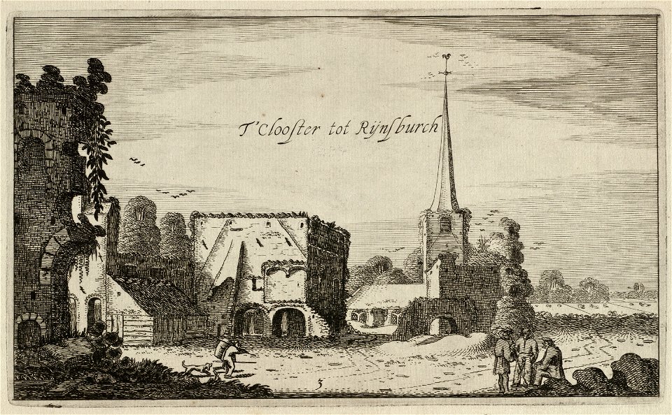 Gezicht op de ruïne van de abdij van Rijnsburg. Derde prent uit een serie van zes. NL-HlmNHA 53012311