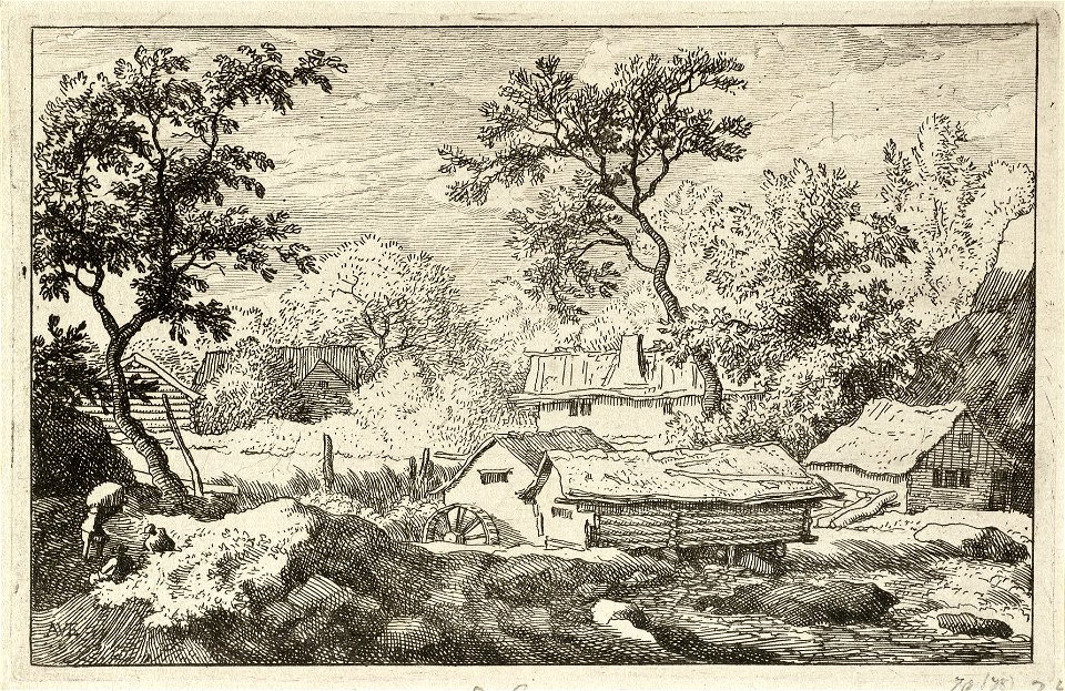 Gezicht op enkele huizen en een watermolen bij een waterval. Tegen een kleine heuvel op de voorgrond zitten twee personen, terwijl een derde iets op zijn rug sjouwt. NL-HlmNHA 1477 53008011 K