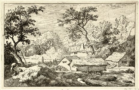 Gezicht op enkele huizen en een watermolen bij een waterval. Tegen een kleine heuvel op de voorgrond zitten twee personen, terwijl een derde iets op zijn rug sjouwt. NL-HlmNHA 1477 53008011 K