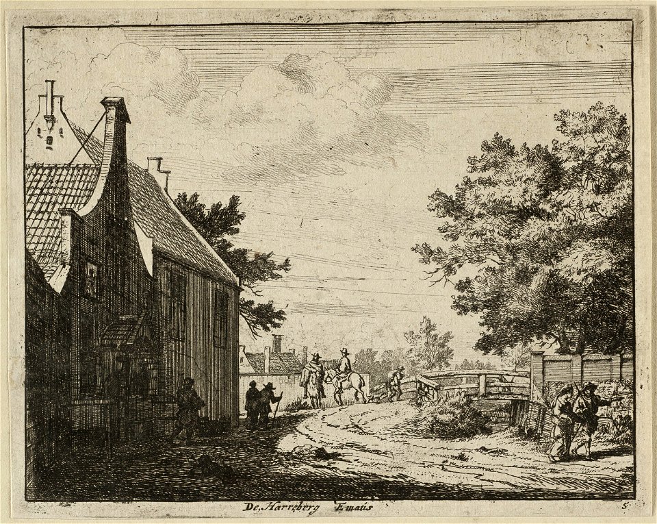 Figuren bij de herberg Emaus. Rechts een brug en in het midden twee ruiters. NL-HlmNHA 1477 53012664