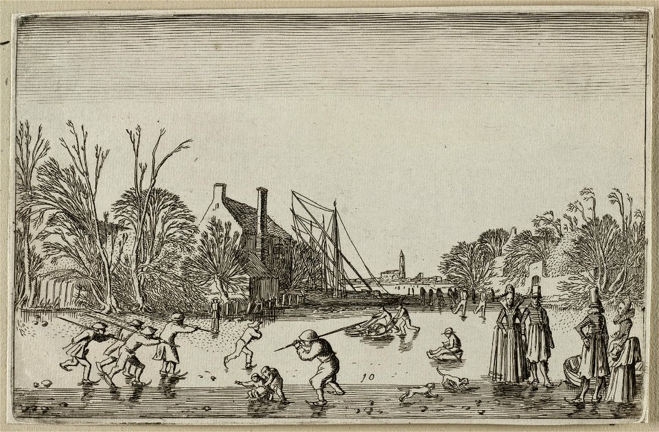 Figuren op het ijs bij een huis. NL-HlmNHA 53012403