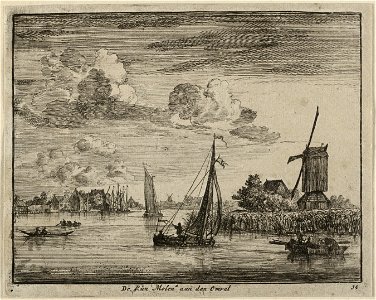 Gezicht op de schors- of runmolen aan de Omval. Op het water enkele roei- en zeilschepen. NL-HlmNHA 1477 53012669