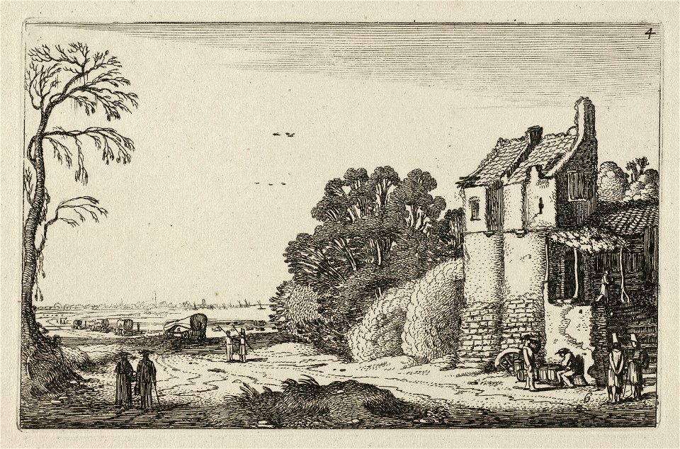 Figuren bij een huis en huifkarren op een landweg richting een stad aan de horizon. NL-HlmNHA 53012462