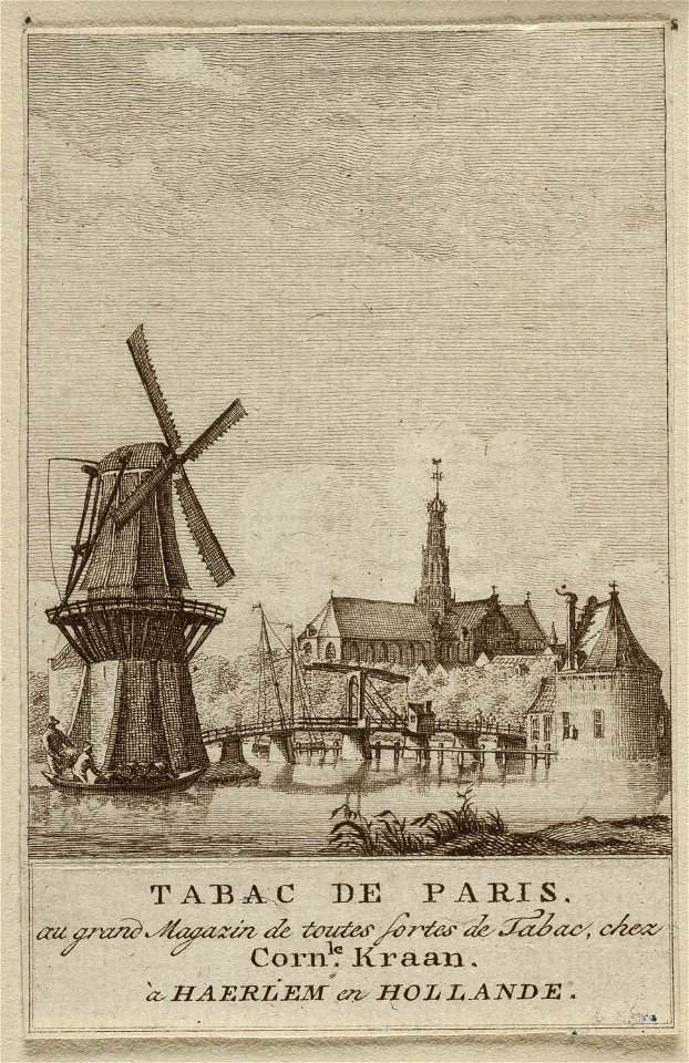 Gezicht op het Spaarne te Haarlem, met links figuren met tonnen in een sloep bij molen De Adriaan en op de achtergrond de Sint-Bavokerk. NL-HlmNHA 1477 53012147