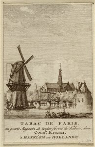 Gezicht op het Spaarne te Haarlem, met links figuren met tonnen in een sloep bij molen De Adriaan en op de achtergrond de Sint-Bavokerk. NL-HlmNHA 1477 53012147