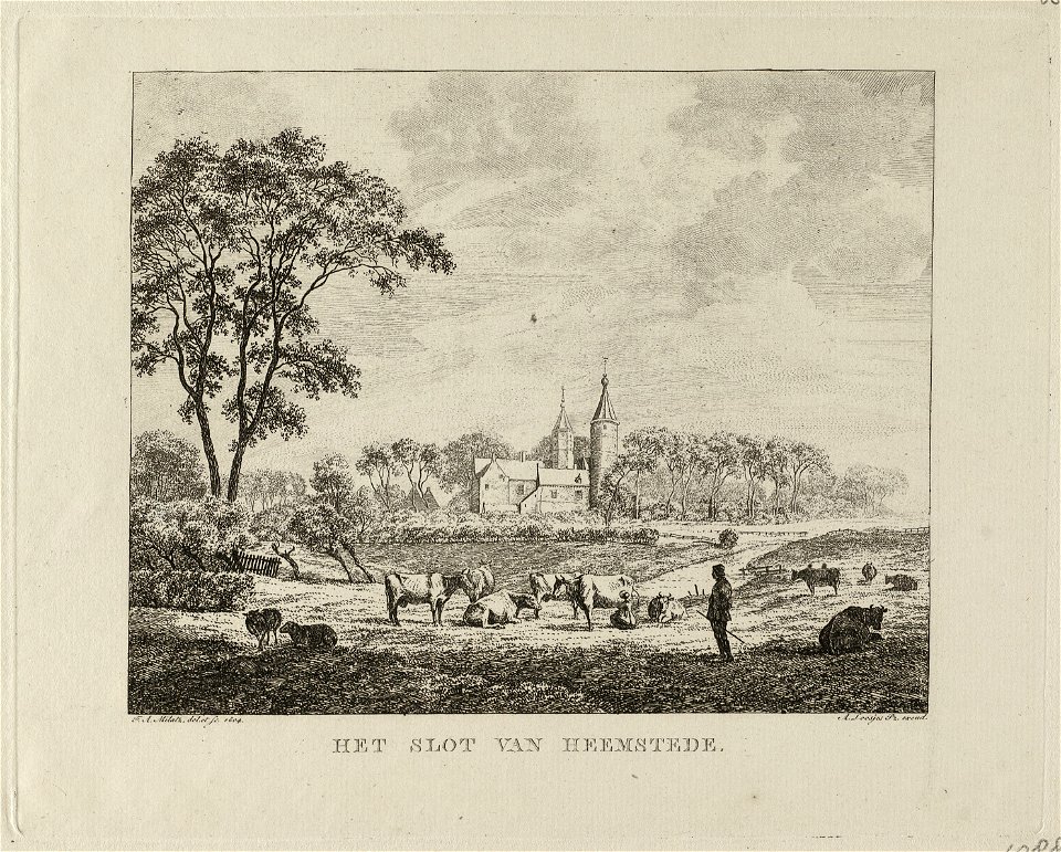 Gezicht op het Oude Slot te Heemstede. Op de voorgrond vee, een boer en een melkmeisje. Ets door Franciscus Andreas Milatz naar eigen ontwerptekening, uitgegeven door Adriaan Loosjes Pz. ge, NL-HlmNHA 1477 53010885