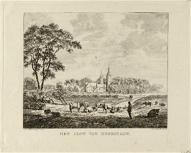 Gezicht op het Oude Slot te Heemstede. Op de voorgrond vee, een boer en een melkmeisje. Ets door Franciscus Andreas Milatz naar eigen ontwerptekening, uitgegeven door Adriaan Loosjes Pz. ge, NL-HlmNHA 1477 53010885