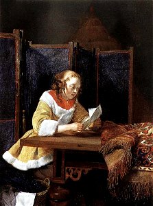 Gerard Terborch - A Lady Reading a Letter. Free illustration for personal and commercial use.