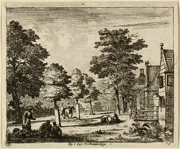 Gezicht in een laan met zittende figuren langs een bomenrij, huizen en in het midden twee ruiters. NL-HlmNHA 1477 53012662