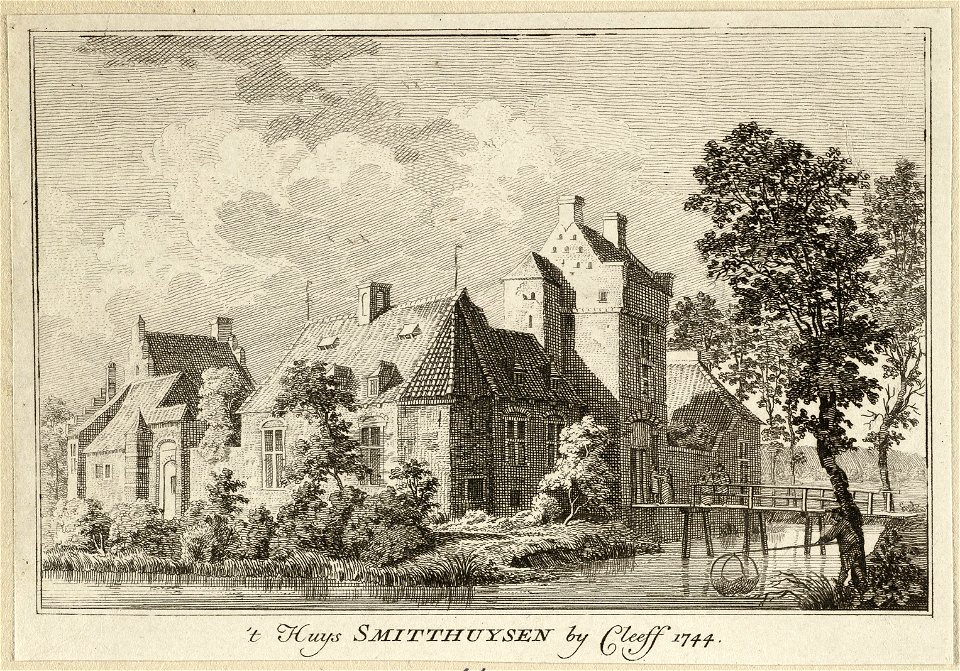 Gezicht op huis Schmithausen 't Huys Smitthuysen bij Cleeff, te Kellen, 1744. NL-HlmNHA 1477 53009661