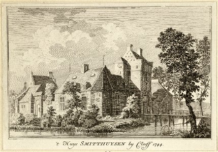 Gezicht op huis Schmithausen 't Huys Smitthuysen bij Cleeff, te Kellen, 1744. NL-HlmNHA 1477 53009661