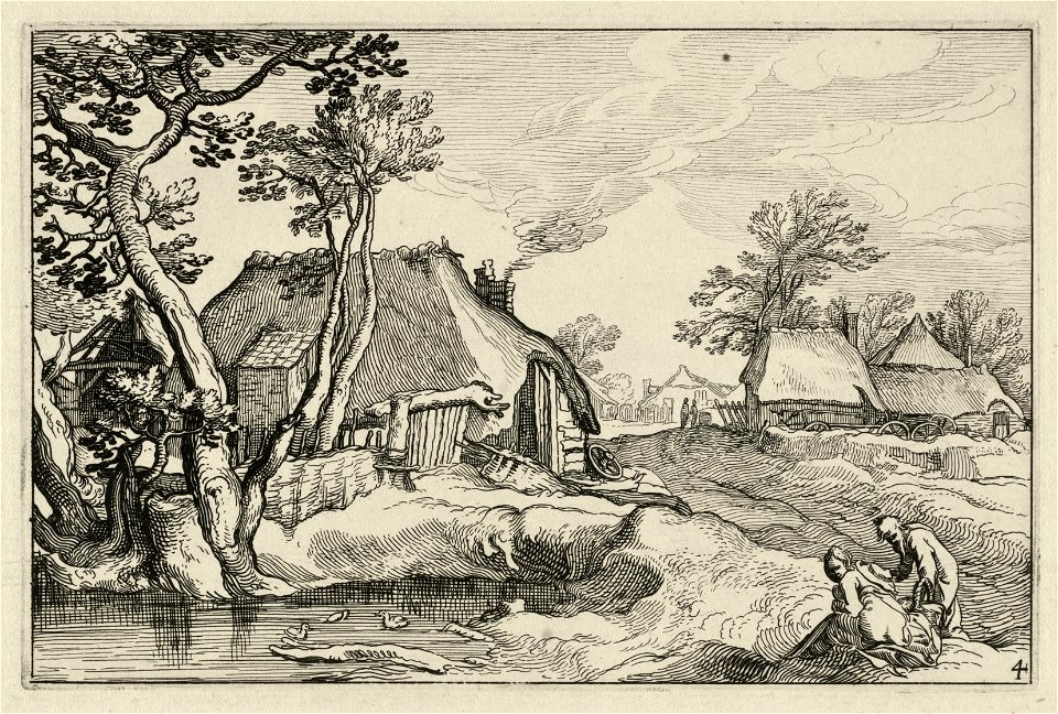 Gezicht op een groep boerderijen in een landschap. Op de voorgrond een waterplas, waarbij twee figuren zitten. NL-HlmNHA 1477 53013234