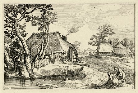 Gezicht op een groep boerderijen in een landschap. Op de voorgrond een waterplas, waarbij twee figuren zitten. NL-HlmNHA 1477 53013234