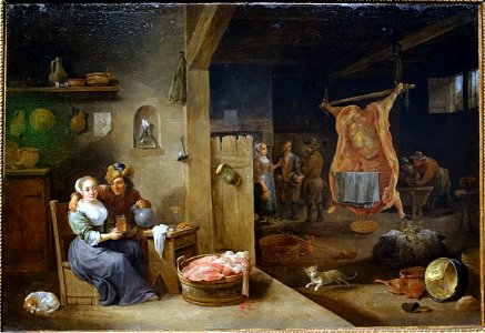 Flemish interior with slaughtered ox, David Teniers the younger, 1656, oil on canvas - Villa Vauban - Luxembourg City - DSC06584. Free illustration for personal and commercial use.