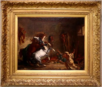 Eugène delacroix, cavalli arabi si battono in una stalla, 1860. Free illustration for personal and commercial use.