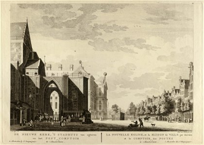 Gezicht op achterzijde van de Nieuwe Kerk en het Stadhuis op de Dam, vanaf de Nieuwezijds Voorburgwal,1760. NL-HlmNHA 1477 53009588