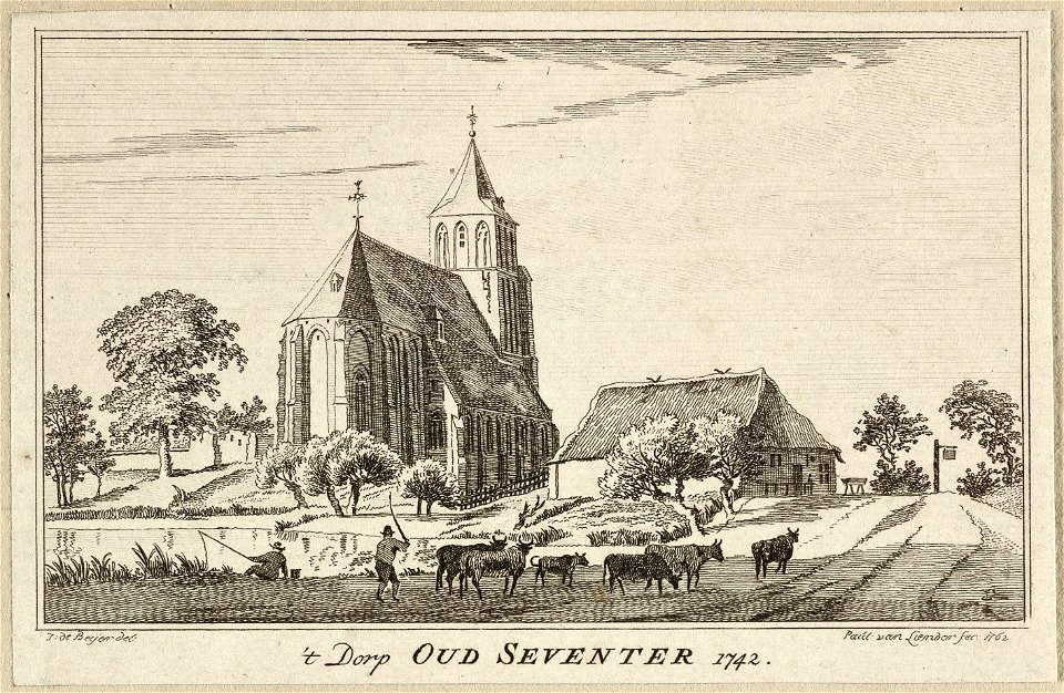 Gezicht in het dorp Oud-Zevenaar Oud Seventer met de kerk.br Prent uit een 100-delige serie met gezichten op dorpen en steden te Kleef. NL-HlmNHA 1477 53009636