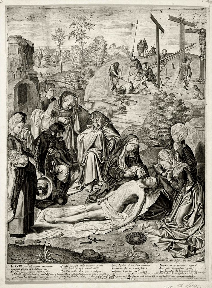 Gravure met de bewening van Christus. Gravure door Theodor Matham naar Geertgen tot St. Jans, uitgegeven door Jacob Matham in 1620. NL-HlmNHA 53009775