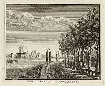 Gezicht op de Amstel bij het Moolentje. Rechts een jaagpad langs de Amstel en rolpalen bij de bocht. NL-HlmNHA 1477 53011904