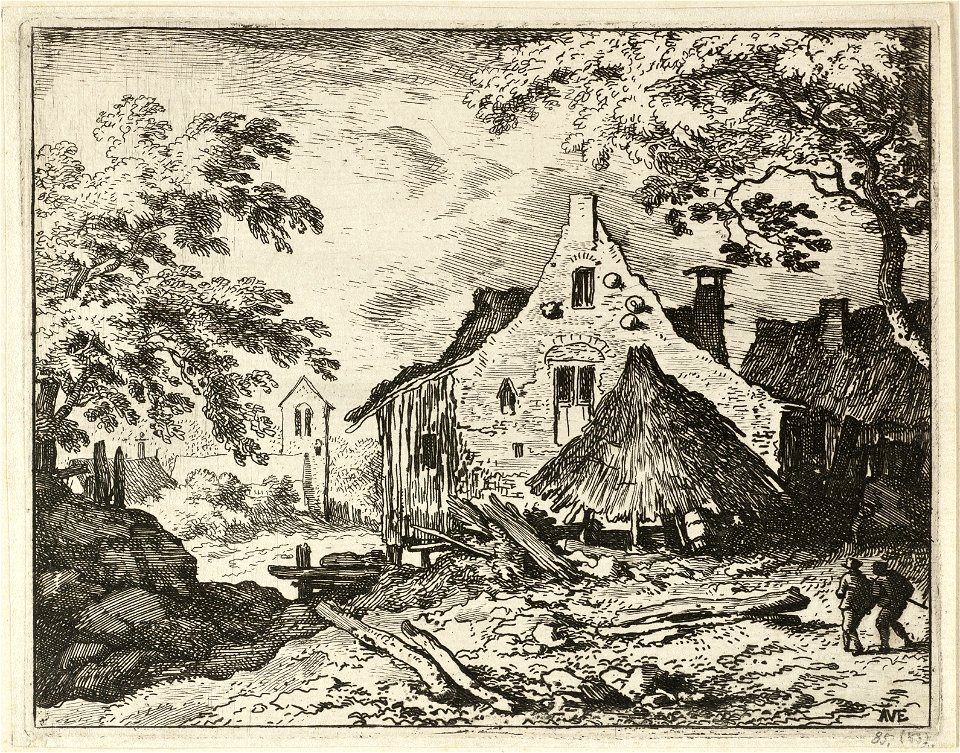 Gezicht op een hooiberg naast een huis. Op de voorgrond lopen twee personen en op de achtergrond is een kerk zichtbaar. NL-HlmNHA 1477 53008015 K