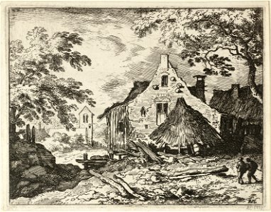 Gezicht op een hooiberg naast een huis. Op de voorgrond lopen twee personen en op de achtergrond is een kerk zichtbaar. NL-HlmNHA 1477 53008015 K