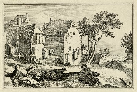 Gezicht op een stenen boerderij in een landschap met op de voorgrond een rustende herder met zijn schapen. NL-HlmNHA 1477 53013241