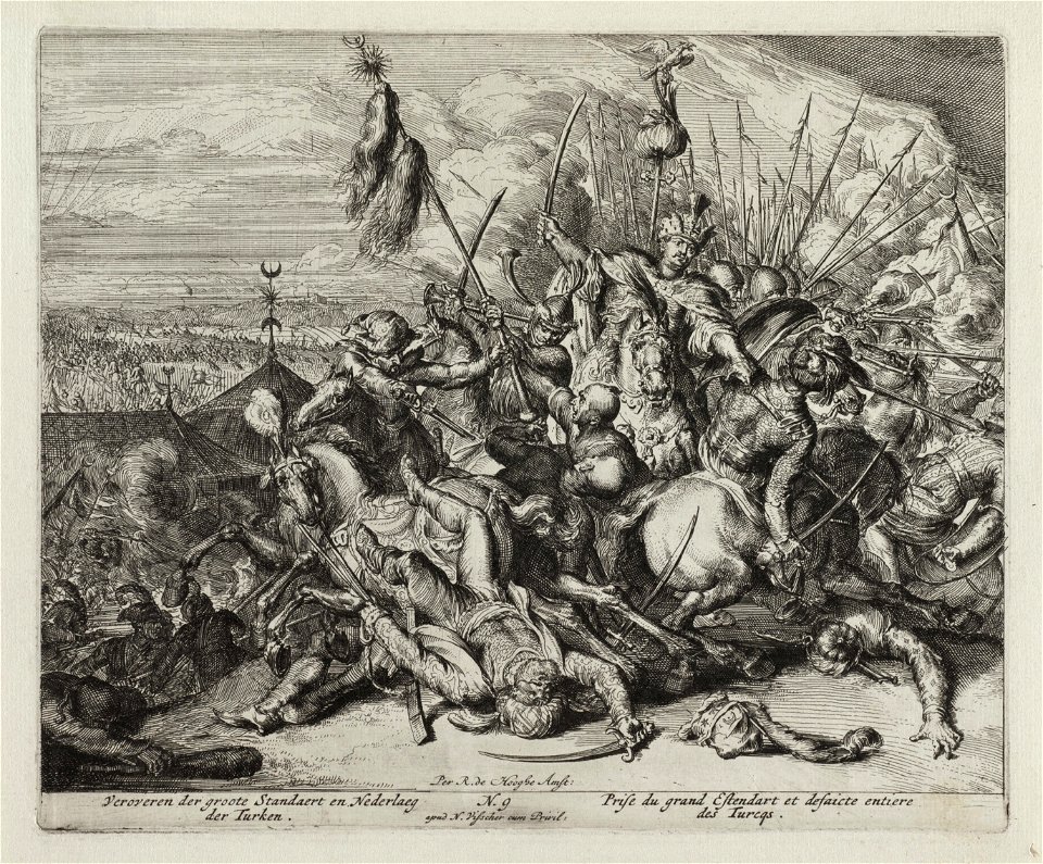 Gevecht tussen Habsburgers en Turken. Turken worden overwonnen. Centraal de Poolse koning Jan III Sobieski. NL-HlmNHA 53009094
