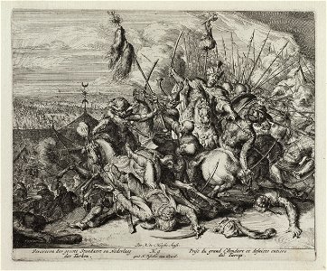 Gevecht tussen Habsburgers en Turken. Turken worden overwonnen. Centraal de Poolse koning Jan III Sobieski. NL-HlmNHA 53009094