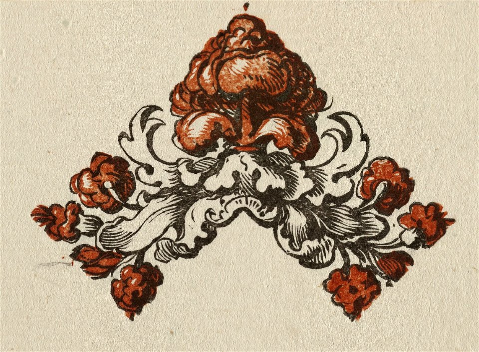Florale, ornamentele driehoek, detail van een lijst. Houtsnede. NL-HlmNHA 1477 53010269