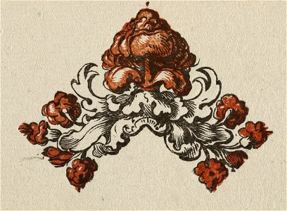 Florale, ornamentele driehoek, detail van een lijst. Houtsnede. NL-HlmNHA 1477 53010269