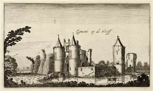 Gezicht op de ruïne van Kasteel Egmond. Tweede prent uit een serie van zes. NL-HlmNHA 53012310