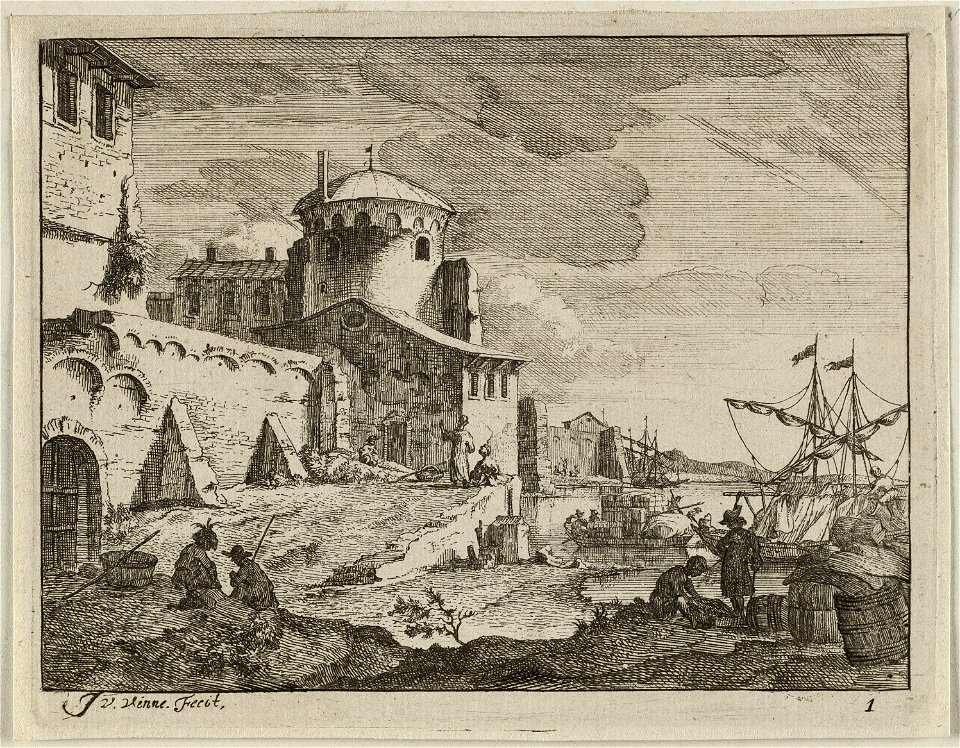 Gezicht op een havenplaats. Figuren bij tonnen op de voorgrond en in het midden figuren bij de stadsmuur. Op het water een sloep met vracht. NL-HLMNHA 1477 53012648