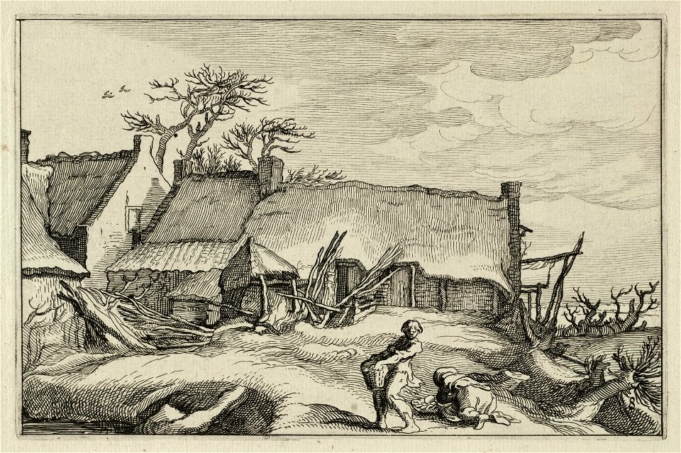 Gezicht op een landschap met een boerderij waarvoor een boer en een boerin werkzaamheden verrichten. NL-HlmNHA 1477 53013238