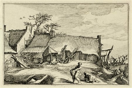 Gezicht op een landschap met een boerderij waarvoor een boer en een boerin werkzaamheden verrichten. NL-HlmNHA 1477 53013238