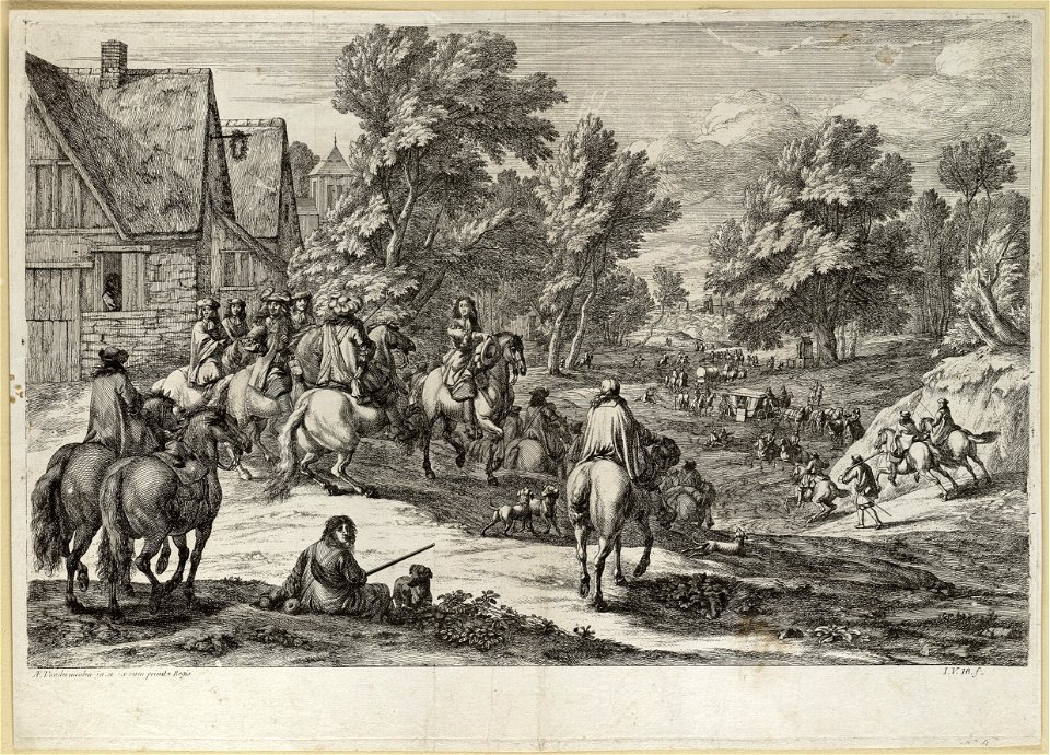Gezicht op een dorp met ruiters op de voorgrond. NL-HlmNHA 1477 53009211
