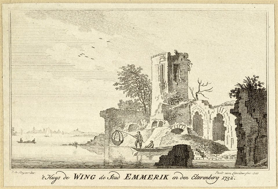 Gezicht op het Huis De Wing en in de verte de stad Emmerich en de Elterberg 't Huys de Wing de stad Emmerik en den Eltereberg , 1732. NL-HlmNHA 1477 53009667