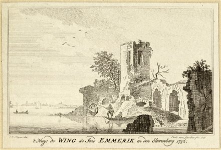 Gezicht op het Huis De Wing en in de verte de stad Emmerich en de Elterberg 't Huys de Wing de stad Emmerik en den Eltereberg , 1732. NL-HlmNHA 1477 53009667