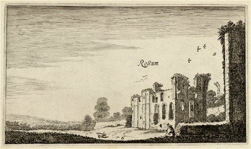 Gezicht op de ruïne van het kasteel Rossum. Zesde prent uit een serie van zes. NL-HlmNHA 53012314