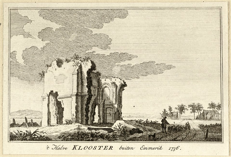 Gezicht op de de ruïne van een klooster buiten de Duitse stad Emmerik, 1736. NL-HlmNHA 1477 53009645