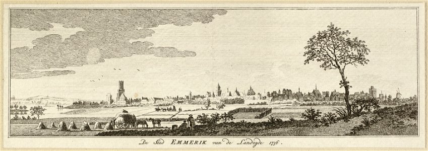 Gezicht op de Duitse stad Emmerich, van de Landzijde, 1736. NL-HlmNHA 1477 53009644